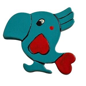 Vintage Whimsical Teal Blue Bird Brooch Red Heart Accents Hand Painted Pin